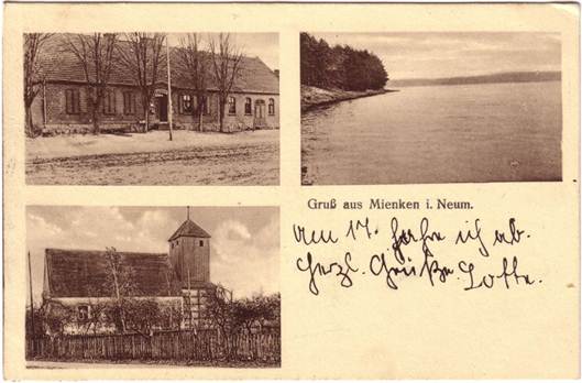 Beschreibung: Mienken Gasthof, Kirche, See 19220713 o