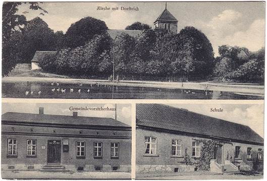 Schönfeld Kirche mit Dorfteich, Gemeindevorsteherhaus, Schule 1910er o