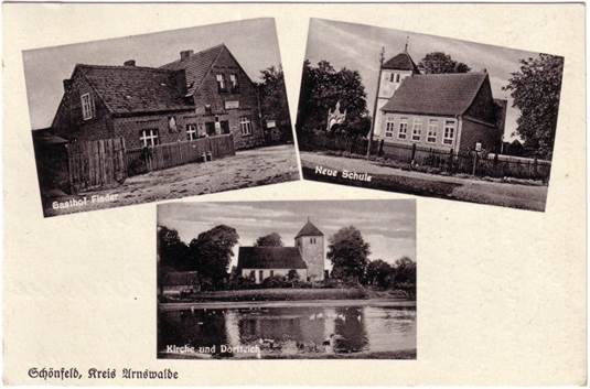 Schönfeld Neue Schule, Gasthof Flader, Kirche und Dorfteich 19380812 o
